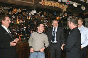 (L-R) IOMI's Ed Katz, Neil Plant, Kevin Dorn, Phil Evans and Jason Paige during a beverage break at the Berkshire Arms pub.