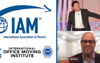 Logos for International Association of Movers and International Office Moving Institute | IOMI certified and pictures of President Ray daSilva and President Chuck White, IAM